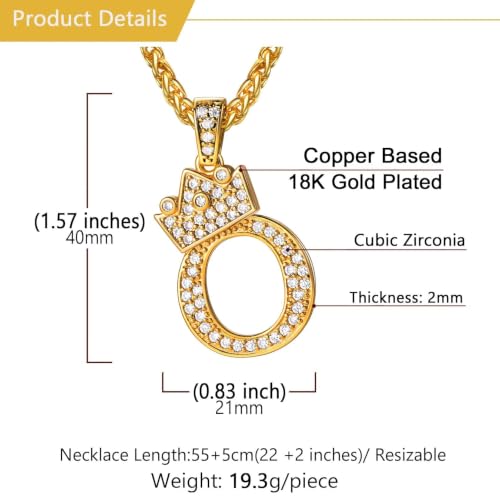 U7 Crown Initial Necklace Men Women, Bling Diamond A-Z 0-9 Letter Pendant with Wheat Chain, Silver/Black/Gold Plated CZ Alphabet Number Hip Hop Jersery for Father Husband - color: a. Gold, size: 15. O