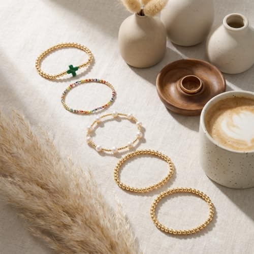 Gold Bracelets for Women, Beaded Cross Stack, Non Tarnish Set，Set-1 | Gold Beaded Bracelet Stack with Stretch Fit, Waterproof Finish and Dainty Design for Everyday Wear and Gifts - color: Colors-2