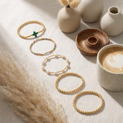 Gold Bracelets for Women, Beaded Cross Stack, Non Tarnish Set，Set-1 | Gold Beaded Bracelet Stack with Stretch Fit, Waterproof Finish and Dainty Design for Everyday Wear and Gifts - color: Colors-2