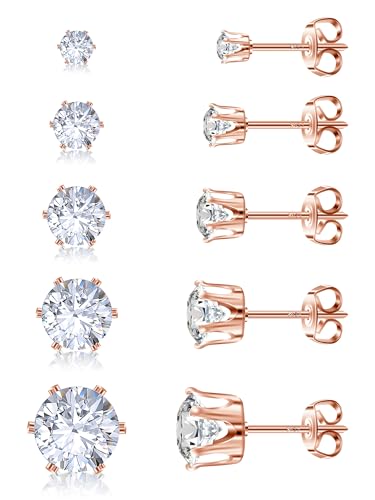 925 Sterling Silver Stud Earrings Set of 5 Pairs Hypoallergenic 18K Gold Cubic Zirconia Earrings for Women Men Sparkling Fancy Gift - color: Premium version - Rose gold - 5 pairs