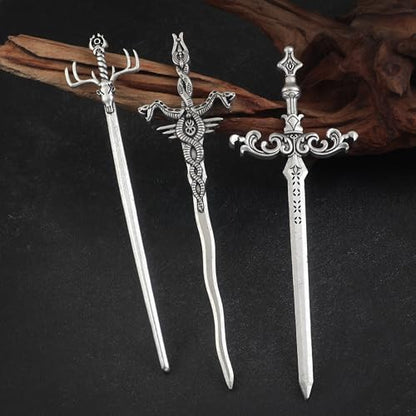 3PCS Sword Hair Pins for Women, Metal Hair Sticks Set, Fantasy Hair Accessories, Medieval Renaissance Hair Pin Set, Gothic Decorative Hair Sticks for Bun Updo Long Thick Hair