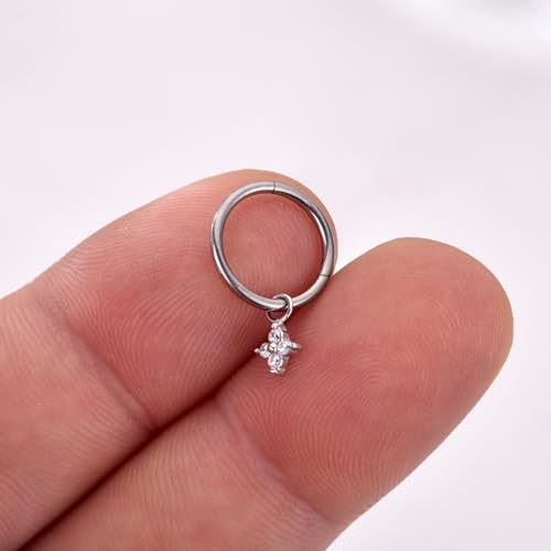 Ourania 16G Gold Stainless Steel Zircon Dangle Huggie Hoop Rook Piercing Helix Hoop Earring Tragus Hoop Cartilage Piercing for Women - color: Round Flower Silver 2PCS, size: 1.2*10mm 2pcs
