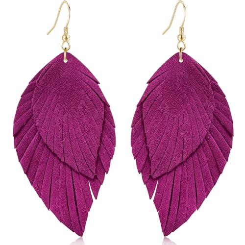 Genuine Leather Handmade Fringe Feather Lightweight Dangle Drop Earrings Teardrop Tassel Hook Earrings for Women - style: 7 Rose Red