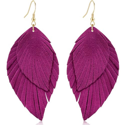 Genuine Leather Handmade Fringe Feather Lightweight Dangle Drop Earrings Teardrop Tassel Hook Earrings for Women - style: 7 Rose Red