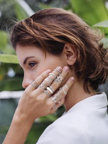 HUASAI Gold Stackable Rings Set for Women Boho Dainty Moon Star Pearl Leaf Cubic Zirconia Heart Midi Pinky Trendy Jewelry Birthday Gifts - color: M Silver Pearl 21 Pcs