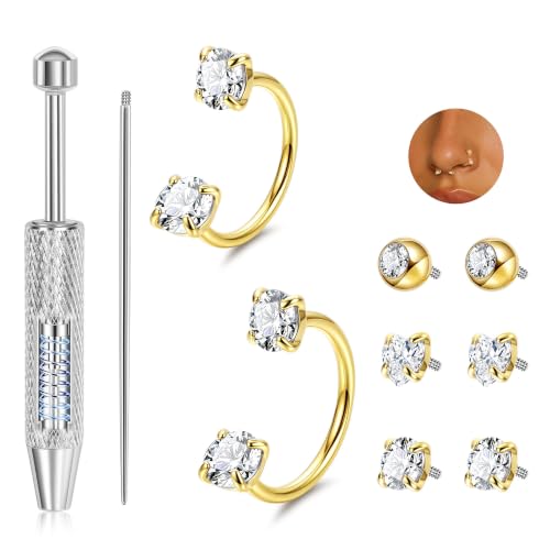 20G 18G Horseshoe Nose Ring Surgical Steel Double Gem Horseshoe Nose Ring Hoops for Women Internal Threaded Nose Piercings Septum Rings Cartilage Helix Daith Lip Piercing with Tool 7-8mm - color: Gold-A, size: 20G