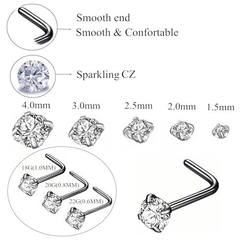 316L Surgical Steel 22g/20g/18g Nose Rings Studs L-Shape Nose Nostrial Piercing Body Jewerly L Shaped Nose Studs 1.5mm 2mm 2.5mm 3mm CZ Nose Screw Studs Rings for Women - style: 6pcs/L-shape/18g/2.5mm Clear CZ/Black
