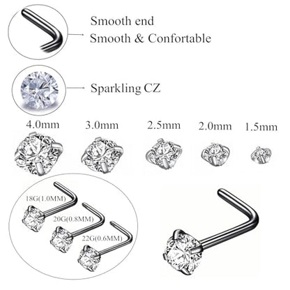 316L Surgical Steel 22g/20g/18g Nose Rings Studs L-Shape Nose Nostrial Piercing Body Jewerly L Shaped Nose Studs 1.5mm 2mm 2.5mm 3mm CZ Nose Screw Studs Rings for Women - style: 6pcs/L-shape/18g/2.5mm Clear CZ/Black