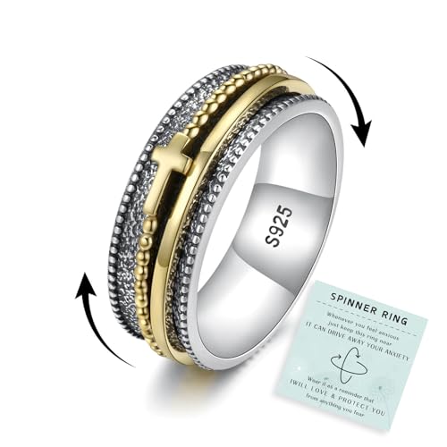 Sariel Cross Fidget Ring for Women - 925 Sterling Silver Spinner Rings Spinning Band Rings Wide Hammered - color: Gold-