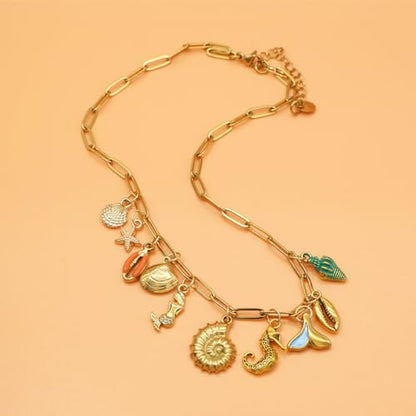JNF Cute Shell Conch Boho Charm Necklace for Women Sun Moon Star Coin Heart Flower Boot Bow Charms Necklaces Summer Beach Jewelry - color: beach shell Charm necklace
