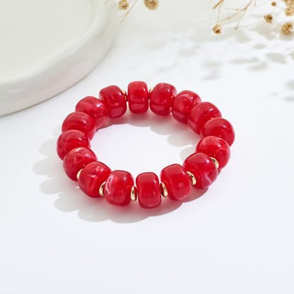 Bead Bracelet for Women Vibrant Color Resin Beads Bracelets Elastic Stretch Chunky Bracelet Boho Summer Beach Vacation Jewelry - color: Red