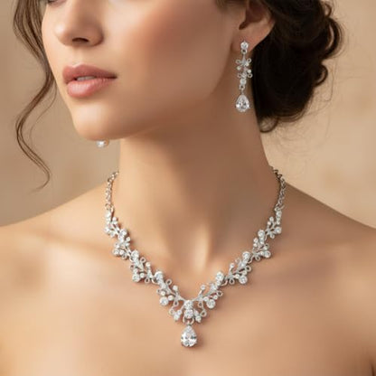 Silver Jewelry Sets for Women Rhinestone Necklace Dangle Earrings Bracelet Set Bridal Wedding Jewelry Sets for Brides Bridemaid Prom Costume Accessories Jewelry - style: Silver Jewelry Set style3