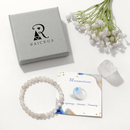 Raicegs 4 6 8MM Beaded Bracelets Healing Crystal Bracelet for Women Men Natural Stone Handmade Stretch Bracelet Reiki Spiritual Jewelry - color: Moonstone, size: 6mm