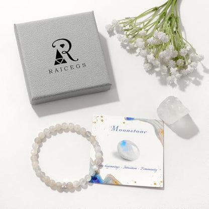 Raicegs 4 6 8MM Beaded Bracelets Healing Crystal Bracelet for Women Men Natural Stone Handmade Stretch Bracelet Reiki Spiritual Jewelry - color: Moonstone, size: 6mm