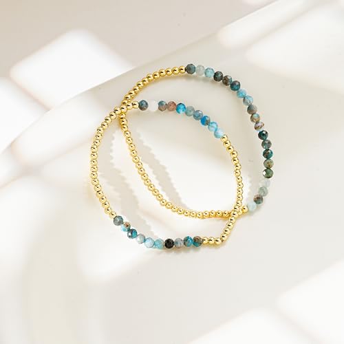 Kainier Gold Beaded Bracelets for Women 2Pairs 14K Gold Plated Stretch Bracelet Set Stackable Tarnish Dainty Natural Stone Bead Bracelets Gift - color: Turquoise