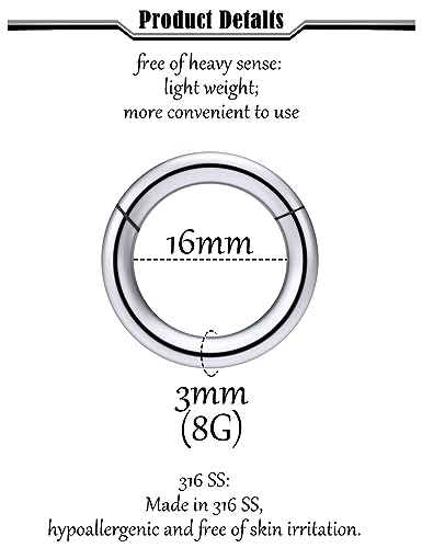 12G-2G Large Septum Ring Piercing PA Ring Hypoallergenic 316L Surgical Steel Septum Nose Rings Gauges Earrings Hoops CBR Body Piercing Jewelry for Women Men Inner Diameter 12mm 14mm 16mm - color: Silver, size: 8G-16mm