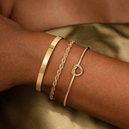 14K Gold Plated Stackable Bangle Bracelets for Women | Dainty Cuff Bracelets, Stackable for Women, Waterproof Bracelet Stack, Gold Jewelry Gifts Trendy Adjustable Accessories - color: 3-layer-E-Gold