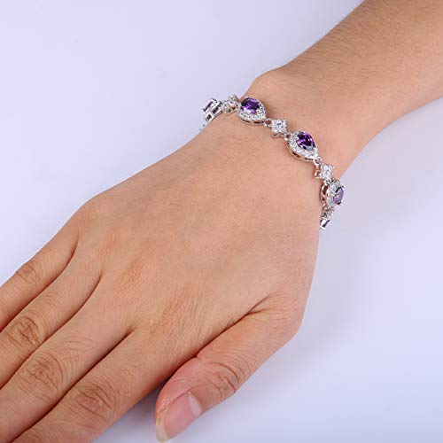 EleQueen Women's Silver-Tone Cubic Zirconia Teardrop Flower Bridal V-Necklace Sets Tennis Bracelet Dangle Earrings for Wedding Bridesmaids - color: Amethyst Color