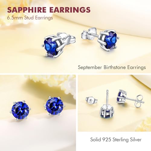 DAYBYDAY 925 Sterling Silver Birthstone Earrings for Women, Crystal Stud Earrings, 6.5mm Round Cut Solitaire Gemstone Earrings Birthday Jewelry - style: Round Cut-09. Sep/created blue sapphire