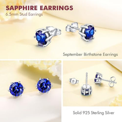DAYBYDAY 925 Sterling Silver Birthstone Earrings for Women, Crystal Stud Earrings, 6.5mm Round Cut Solitaire Gemstone Earrings Birthday Jewelry - style: Round Cut-09. Sep/created blue sapphire