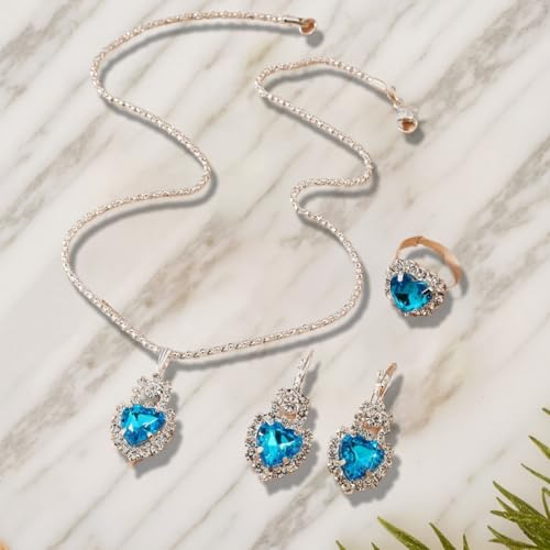 Jewelry Set for Women Love Heart Alloy Artificial Crystal Earrings Pendant Necklace Ring Wedding Party Prom Anniversary Birthday Engagement for Bridal Bridesmaid Girlfriend - color: blue Heart