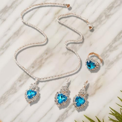Jewelry Set for Women Love Heart Alloy Artificial Crystal Earrings Pendant Necklace Ring Wedding Party Prom Anniversary Birthday Engagement for Bridal Bridesmaid Girlfriend - color: blue Heart