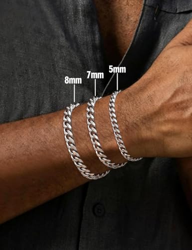Fiusem Cuban link Bracelets for Men | 5mm/7mm/8mm Width, 7.1"/7.5"/7.9" Length Silver Tone Stainless Steel Bracelets for Men