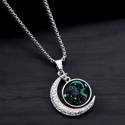 Stainless Steel Mens Necklace 12 Zodiac Moon Galaxy Pendant Necklace,22.8 Inch Stainless Steel Chain, 1.13 Inch Aries/Pisces Celestial Crescent Moon Star Sign Charm Jewelry - style: Sagittarius（11.23-12.21）