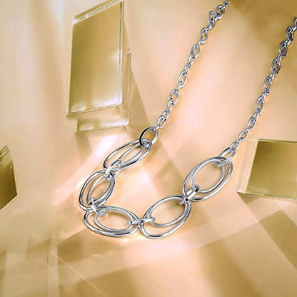 Gold Chunky Necklace for Women: Double Oval Link Statement Choker Necklace | 14k Gold Plated Loop Chain Trendy Fashion Jewelry for Daily Holiday Party - color: Silver