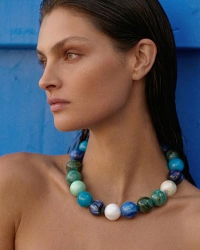 Chunky Beaded Choker Necklace for Women Boho Statement Necklace with Large Pearl Blue Brown Tone Resin Beads Summer Beach Jewelry Gifts - color: Blue