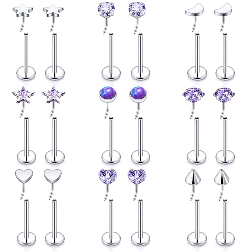 Threadless Noses Rings, Flat Back Earrings, 20/18/16g-Gauge 5/16in-Post 3mm-Top, Hypoallergenic Surgical Steel Medusa Lip Labret Cartilage Helix Tragus Conch Piercing Jewelry for Women Men - color: Purple, size: 20g*8mm