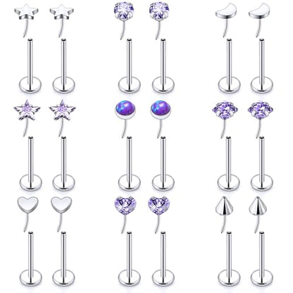 Threadless Noses Rings, Flat Back Earrings, 20/18/16g-Gauge 5/16in-Post 3mm-Top, Hypoallergenic Surgical Steel Medusa Lip Labret Cartilage Helix Tragus Conch Piercing Jewelry for Women Men - color: Purple, size: 20g*8mm