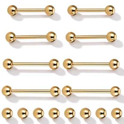 Gold Tongue Ring, 8Pcs 14G Stainless Steel Straight Nipple Barbells | Short Long Tongue Rings Gold Bridge Piercing Jewelry for Women Men, 12/14/16/18mm
