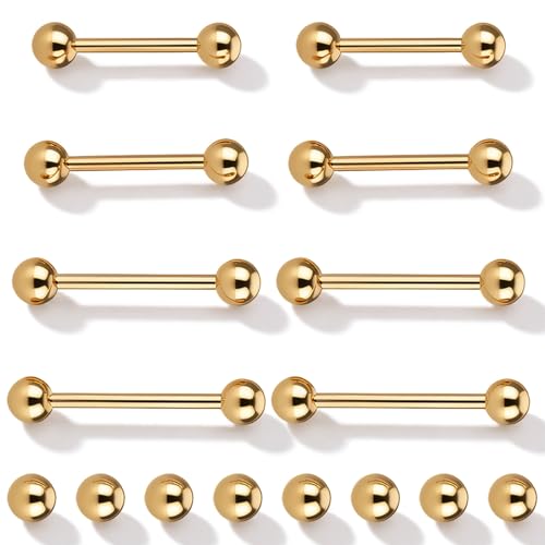 Gold Tongue Ring, 8Pcs 14G Stainless Steel Straight Nipple Barbells | Short Long Tongue Rings Gold Bridge Piercing Jewelry for Women Men, 12/14/16/18mm
