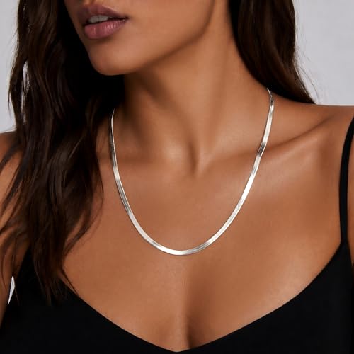 WomenGifts 14K Gold Silver Plated Herringbone Necklace for Women, Dainty Snake Chain Choker, Trendy Simple Long Layered Jewelry Non Tarnish, 3/4/5/8mm,14,16,18,20,22,24,26 Inch Thin & Chunky Options - color: Silver, style: 3mm-22inch
