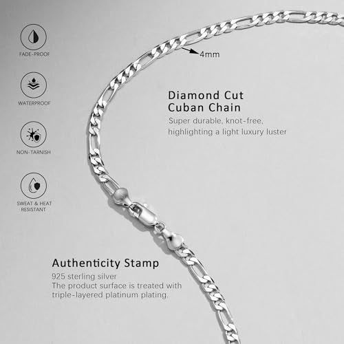 925 Sterling Silver Figaro Chain Necklace for Women and Men, 4mm Hypoallergenic Nickel-Free Silver Necklace Chain, Lobster Clasp Mens Chains Durable Waterproof Gift Ready Jewelry - size: 16 IN