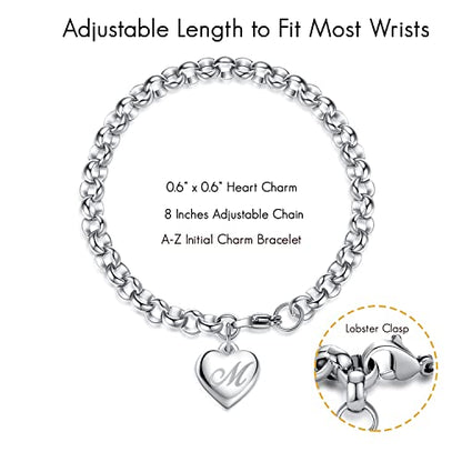 TONY & SANDY Initial Charm Bracelets for Girls Women Stainless Steel A-Z Bracelet Personalized Gifts Birthday Graduation Easter Basket Stocking Stuffers for Teens Girls Women Jewelry - style: M - Heart