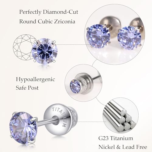 Limerencia Birthstone Screw Back Earrings G23 Implant Grade Titanium Stud Earrings Hypoallergenic Cubic Zirconia Posts Studs Jewelry Gifts for Girls Sensitive Ears - color: December