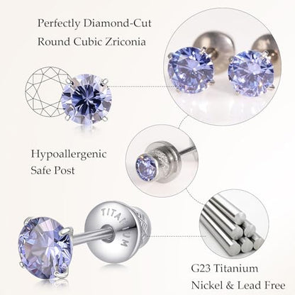Limerencia Birthstone Screw Back Earrings G23 Implant Grade Titanium Stud Earrings Hypoallergenic Cubic Zirconia Posts Studs Jewelry Gifts for Girls Sensitive Ears - color: December