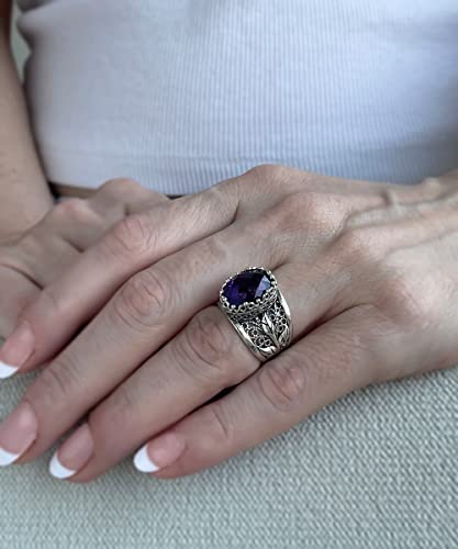 Filigranist 925 Sterling Silver Filigree Art Lace Embroidery Tulip Detailed Gemstone Women Cocktail Ring, Luxurious Gift Boxed - color: Amethyst