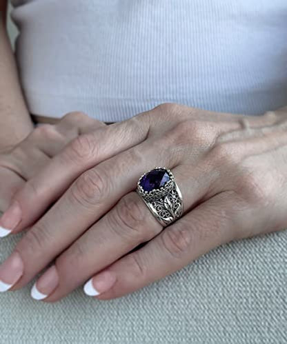 Filigranist 925 Sterling Silver Filigree Art Lace Embroidery Tulip Detailed Gemstone Women Cocktail Ring, Luxurious Gift Boxed - color: Amethyst