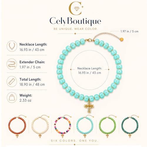 Colorful Resin Chunky Beaded Necklace for Women Modern Statement Choker Necklace with Gold Tone Cross Pendant Boho Summer Jewelry Gift - color: Turquoise Color-1