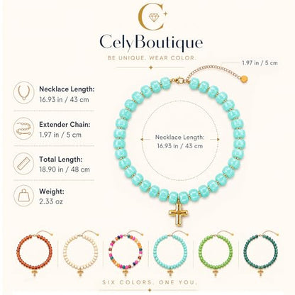 Colorful Resin Chunky Beaded Necklace for Women Modern Statement Choker Necklace with Gold Tone Cross Pendant Boho Summer Jewelry Gift - color: Turquoise Color-1