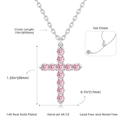 Cross Necklace for Women, Silver Cross Pendant Necklaces | 14K Gold Plated, Dainty CZ Cross Necklace, Non Tarnish and Hypoallergenic Jewelry for Women, Christian Religious Faith Gifts - color: 07-Silver-Pink
