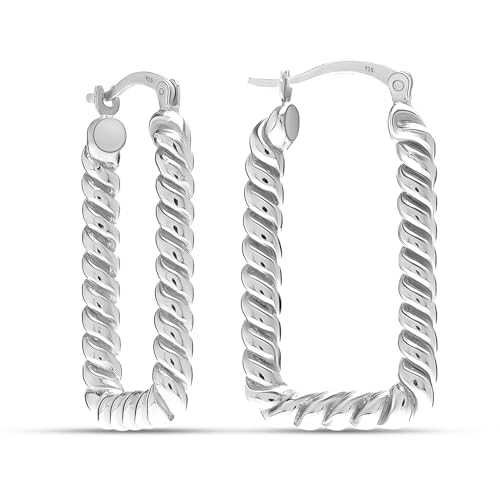 LeCalla Sterling Silver Hoop Earrings for Women | Lightweight Silver Chunky Hoop Earrings | Handmade Electroform Hollow Italian Design Click-Top Earrings Hoop - color: Twist Classic Rectangle