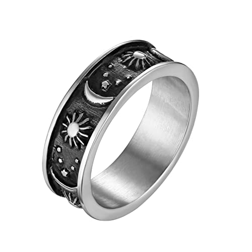 HZMAN 8mm Moon Star Sun Statement Ring Stainless Steel Boho Jewelry for Women Men - color: Silver