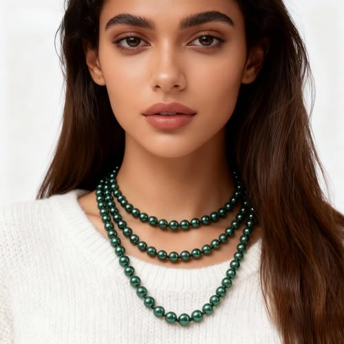 Pearl Necklaces for Women 60'' 70" Long Pearl Necklace 15.75'' Pearl Choker Necklace Chunky Bead Layered Faux Pearl Dangle Wedding Bridal 1920s Gatsby Christmas Costume Jewelry Gifts - color: Deep Green-60''