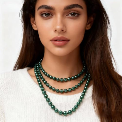 Pearl Necklaces for Women 60'' 70" Long Pearl Necklace 15.75'' Pearl Choker Necklace Chunky Bead Layered Faux Pearl Dangle Wedding Bridal 1920s Gatsby Christmas Costume Jewelry Gifts - color: Deep Green-60''