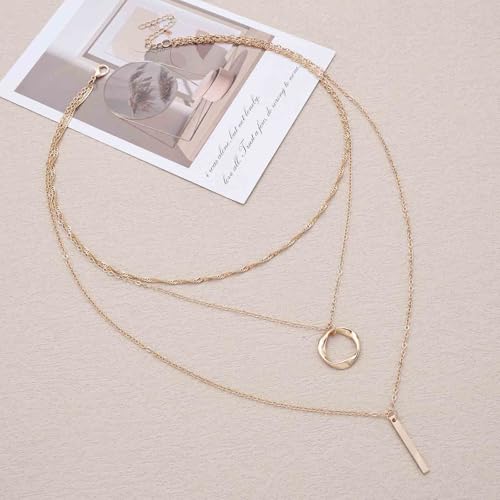Vintage Layered Bar Pendant Necklace Hollow Circle Choker Necklace Gold Vertical Bar Necklaces Multilayer Chain Necklaces Jewelry for Women