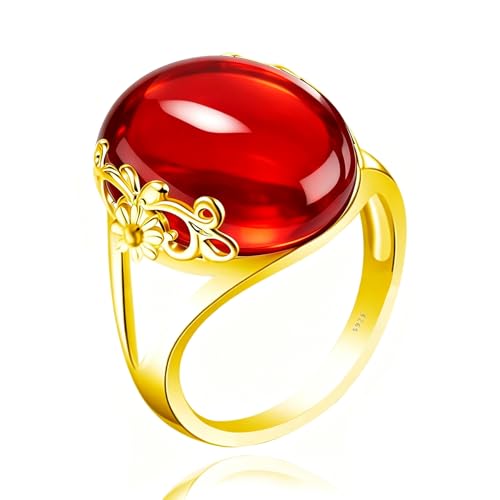 Oval Crystal Gemstone Floral Ring, 14K Gold Plated S925 Sterling Silver, Vintage Boho Statement Ring for Women - color: Floral_A red